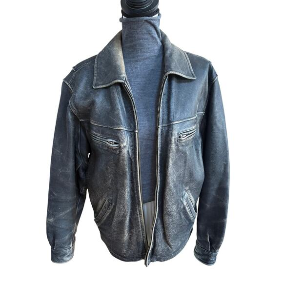 Vintage Kenneth Cole Heavy Leather Jacket Distressed Black Unisex M/L - Picture 1 of 12